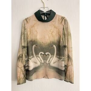 Ted Baker Silk Blouse 1 XS / S Swan Print Long Sleeve Collar Green Beige Shirt